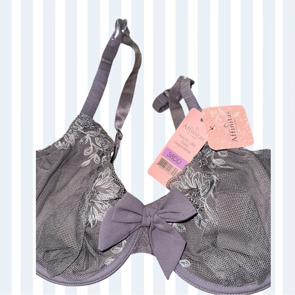 NWT AFFINITAS SZ 38DD Coco Unlined Demi Underwire Bra Gray Lace Bra with Bow